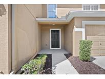 Charming front entrance with black door, neutral stucco, and manicured landscaping at 4535 Winding River Way, Land O Lakes, FL 34639