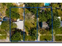Aerial view of a property with blue boundary lines showing the shape of the lot and the surrounding area at 235 83Rd Ne Ave, St Petersburg, FL 33702