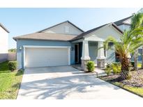 Charming single-Gathering home with a two-car garage, stone accents, and a well-manicured lawn at 10628 Bahama Woodstar Ct, Riverview, FL 33579