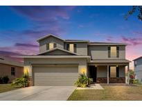 Two-story home featuring a gray exterior, attached garage, and well-manicured lawn at 11136 Hartford Fern Dr, Riverview, FL 33569