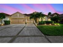 Charming single-story home with a three-car garage, manicured lawn, and tropical landscaping at 3148 Sago Point Ct, Land O Lakes, FL 34639