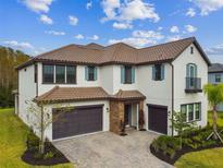 Two-story home boasts a tile roof, blue shutters, and a paved driveway leading to a three-car garage at 19719 Cypress Bridge Dr, Odessa, FL 33556