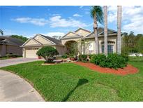 Charming single-Gathering home features a well-manicured lawn and mature landscaping at 20749 Auburn Leaf Trl, Land O Lakes, FL 34638