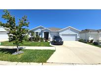 Charming single-story home featuring a well-manicured lawn, stone accents, and a two-car garage at 32313 Conchshell Sail St, Wesley Chapel, FL 33545