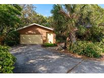 Charming single-story home featuring a two-car garage, a mature palm tree, and lush landscaping at 50 Pembrook Cir, Palm Harbor, FL 34683