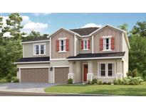 Inviting two-story home showcasing a blend of beige siding, brick accents, and a well-manicured lawn at 3409 Lumber Falls Dr, Plant City, FL 33565