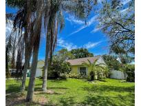 Charming single-story home with a yellow exterior, lush lawn, and mature trees in a desirable neighborhood at 3647 Lake St George Dr, Palm Harbor, FL 34684