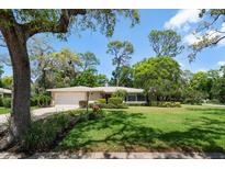 Charming single-story home with a lush front lawn and mature trees at 1431 Normandy Ln, Palm Harbor, FL 34683
