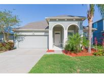 Charming single-story home featuring an attached two-car garage and well-maintained landscaping at 13334 Palmera Vista Dr, Riverview, FL 33579