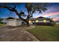 Charming single-story home with mature landscaping, attached garage, and inviting walkway at sunset at 828 Bayshore Dr, Tarpon Springs, FL 34689