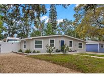Charming single-story home featuring a blue front door, neutral siding, and well-maintained landscaping at 121 Pennsylvania Ave, Palm Harbor, FL 34683
