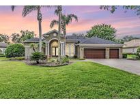 Charming single-story home with a well-manicured lawn, mature landscaping, and a three-car garage at 19708 Wellington Manor Blvd, Lutz, FL 33549