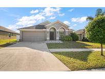 Charming single-Gathering home with a two-car garage and well-maintained front yard at 18314 Waydale Loop, Hudson, FL 34667