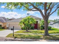 Charming single-story home with well-manicured lawn, mature trees, and a welcoming red front door at 1418 Hurley Pond Ln, Valrico, FL 33596