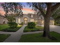Charming single-story home featuring manicured landscaping and a welcoming front entrance at sunset at 15930 Sorawater Dr, Lithia, FL 33547