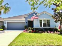 Charming single-story home featuring lush landscaping and an American flag, offering inviting curb appeal at 17740 Bright Wheat Dr, Lithia, FL 33547