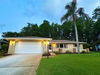 Charming one-story home featuring an attached garage, well-maintained lawn, and mature landscaping including a majestic palm tree at 3240 Sand Key Dr, Palm Harbor, FL 34684