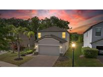 Charming two-story home with a well-manicured lawn and brick-paved driveway under a vibrant sunset at 9908 Spice Bush Ct, Tampa, FL 33647