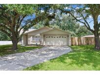 Charming single-story home with a well-manicured lawn, mature trees, and a spacious driveway leading to an attached two-car garage at 23253 Granite Pl, Land O Lakes, FL 34639