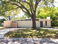 Charming home featuring a modern design with bright stucco, clerestory windows, a chimney, and a nicely manicured front yard at 205 Park Ridge Ave, Temple Terrace, FL 33617