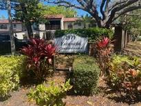 Charming community entrance with colorful foliage and mature trees provides a welcoming atmosphere at 2971 Estancia Blvd # 225, Clearwater, FL 33761