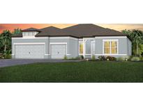 Charming single-story home with a three-car garage, manicured lawn, and tasteful landscaping at 11432 Shoreline Trl, Parrish, FL 34219