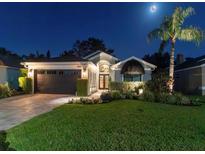 Beautifully landscaped home featuring a well-manicured lawn and elegant exterior lighting at 1310 Country Trails Dr, Safety Harbor, FL 34695