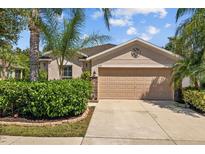 Charming single-story home with a well-manicured front yard and a two-car garage under a partly cloudy sky at 1505 Trailwater St, Ruskin, FL 33570