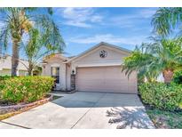 Attractive single-story home with a two-car garage, stone accents, and established landscaping at 1505 Trailwater St, Ruskin, FL 33570