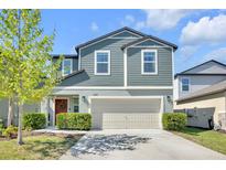 Charming two-story home with blue siding, manicured landscaping, and a welcoming red front door at 22223 Storybook Cabin Way, Land O Lakes, FL 34637