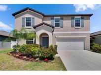 Two story home with blue shutters, manicured landscaping, and a two car garage at 13234 Great Plains Dr, Riverview, FL 33579