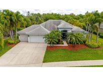 Beautiful single-story home boasts a gray tile roof, mature palms, and a spacious three-car garage at 211 Royal Bonnet Dr, Apollo Beach, FL 33572