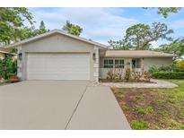 Traditional home featuring an attached two car garage and decorative shrubbery in the front yard at 25 Harbor Oaks Cir, Safety Harbor, FL 34695