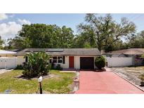 Charming single-story home featuring a bright red driveway, vibrant landscaping, and a cozy exterior at 809 Scotland St, Dunedin, FL 34698