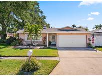 Charming single-story home with a well-manicured lawn, mature trees, and a two-car garage at 8763 Matthew St, Seminole, FL 33772
