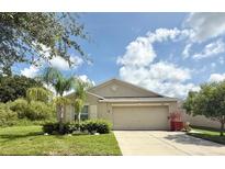 Charming single-story home featuring a well-manicured lawn, a two-car garage, and lush landscaping at 10936 Rainbow Pyrite Dr, Wimauma, FL 33598