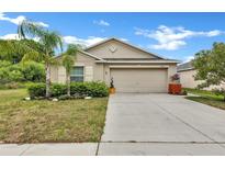 Inviting exterior view with lush landscaping, mature trees, and a well-maintained two-car garage at 10936 Rainbow Pyrite Dr, Wimauma, FL 33598