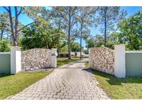 Impressive gated driveway entrance with stone accents and a well-maintained lawn at 1120 Country Ln, Lutz, FL 33558