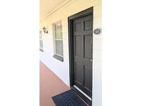 A welcoming entrance to unit 207 featuring a modern door, stylish exterior lighting, and a convenient peephole at 120 S Church Ave # 207, Tampa, FL 33609