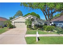 Charming one-story home features a two-car garage and lush landscaping at 29737 Fog Hollow Dr, Wesley Chapel, FL 33543