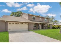 Two-story home features a two-car garage, manicured lawn, and arched front porch at 16528 Oley Ridge Ct, Tampa, FL 33624