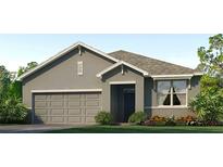 Charming single-story home with a gray exterior, landscaped front yard, and an attached two-car garage at 35130 Valley Ridge Rd, Dade City, FL 33525