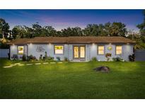Charming single-story home featuring a lush lawn, stepping stone walkway, and whimsical sun and tree art decorations at 6907 W Creek Dr, Tampa, FL 33615