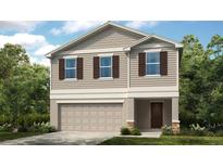 Charming two-story home featuring beige siding, brown shutters, and a two-car garage at 13357 Tropical Breeze Way, Hudson, FL 34669