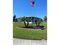 Charming single-story home with an American flag, palm trees, pink flamingos, and well-manicured lawn at 57 Harbor Way # 24, Palm Harbor, FL 34684