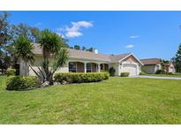 Charming home featuring a well-manicured lawn and lush landscaping, including palm trees and hedges at 12904 Teakwood Ln, Hudson, FL 34667