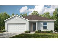 Charming single-Gathering home featuring a two-car garage, well-manicured lawn, and beautiful landscaping at 13490 Tropical Breeze Way, Hudson, FL 34669