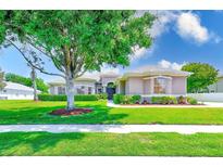 Charming home featuring lush landscaping, a well-manicured lawn, and mature shade trees at 2250 Mountain Ash Way, New Port Richey, FL 34655