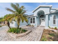 Inviting home entrance with a brick walkway, front yard landscaping, and an arched doorway framed by pillars at 7039 Woodibis Dr, New Port Richey, FL 34654