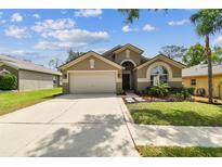 Charming single Gathering home with a well-manicured lawn, two car garage and mature landscaping at 2719 Brookville Dr, Valrico, FL 33596